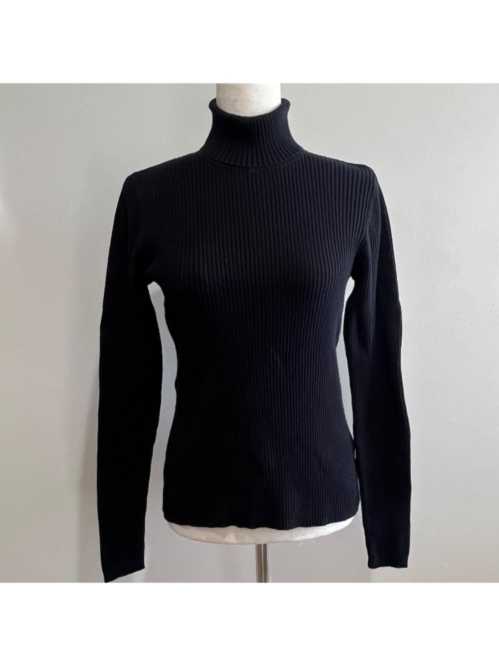 St Johns Bay Vtg 90s Turtle Neck Sweater Womens M Black Ribbed Fitted